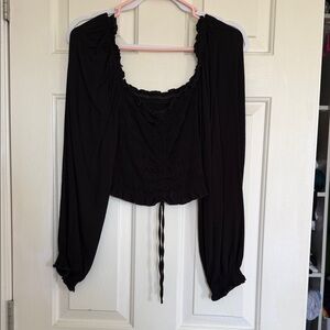 Black Women's Smocked Long-Sleeve Crop Top